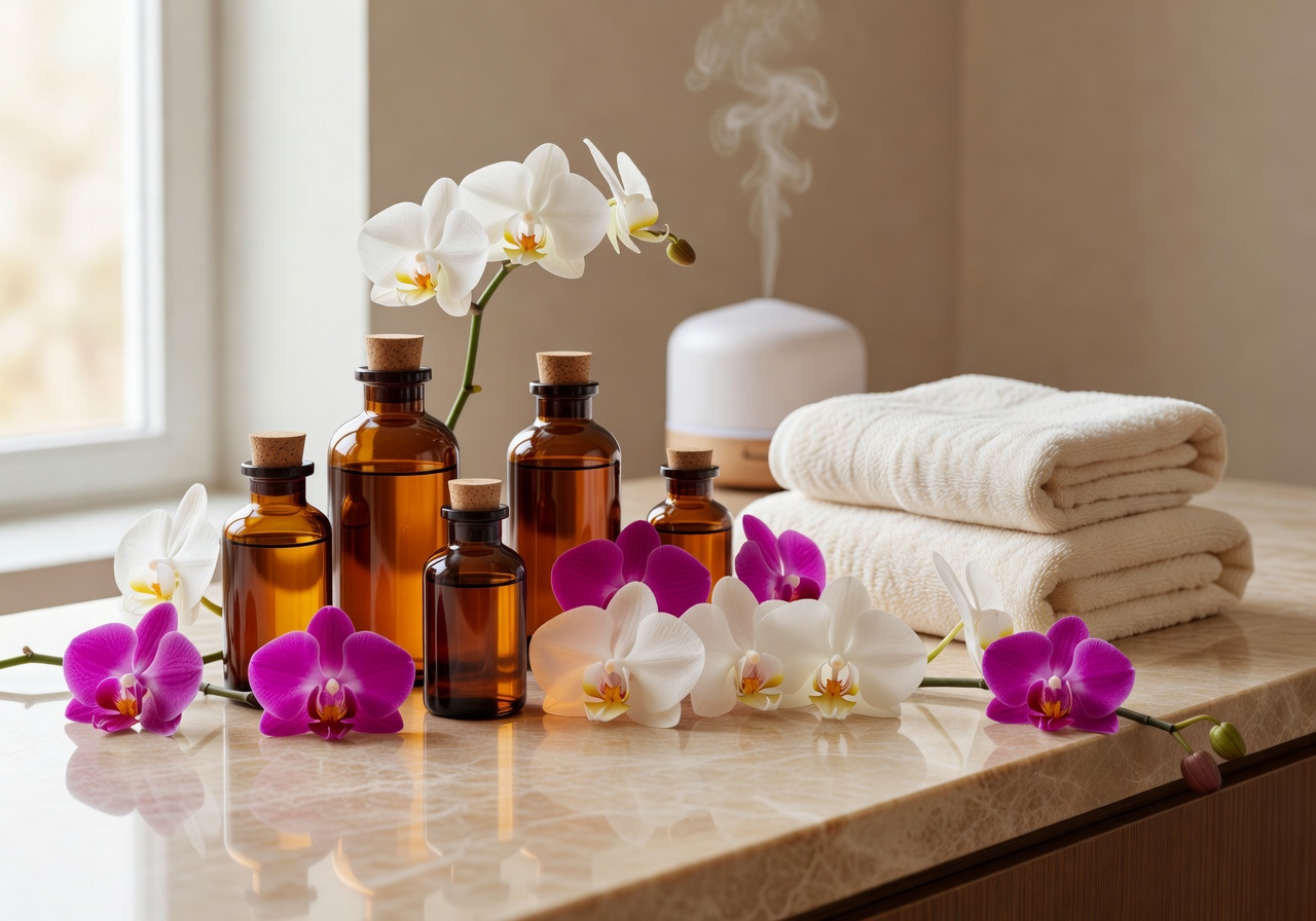 Aromatherapy oils and orchids on spa counter