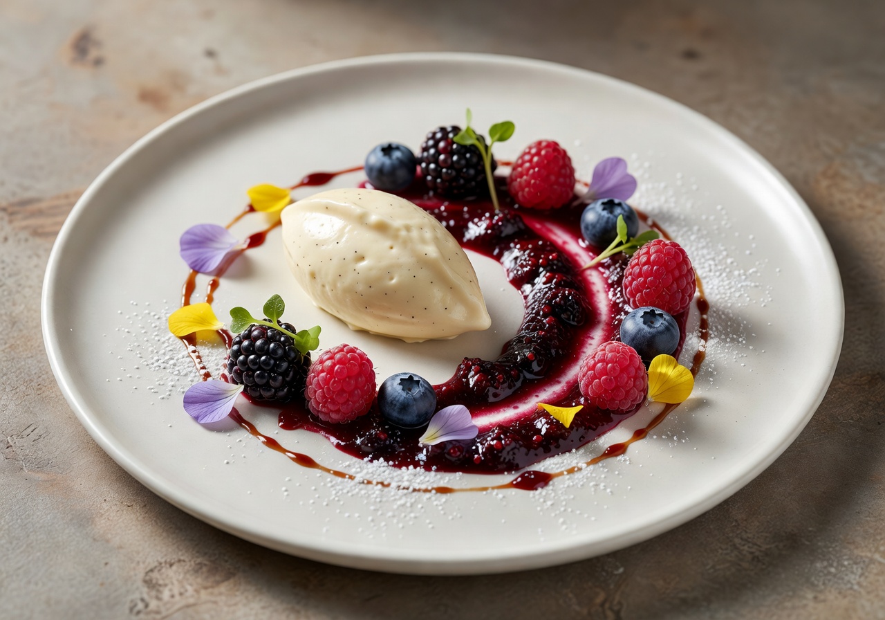 Artistic dessert plating with berry compote