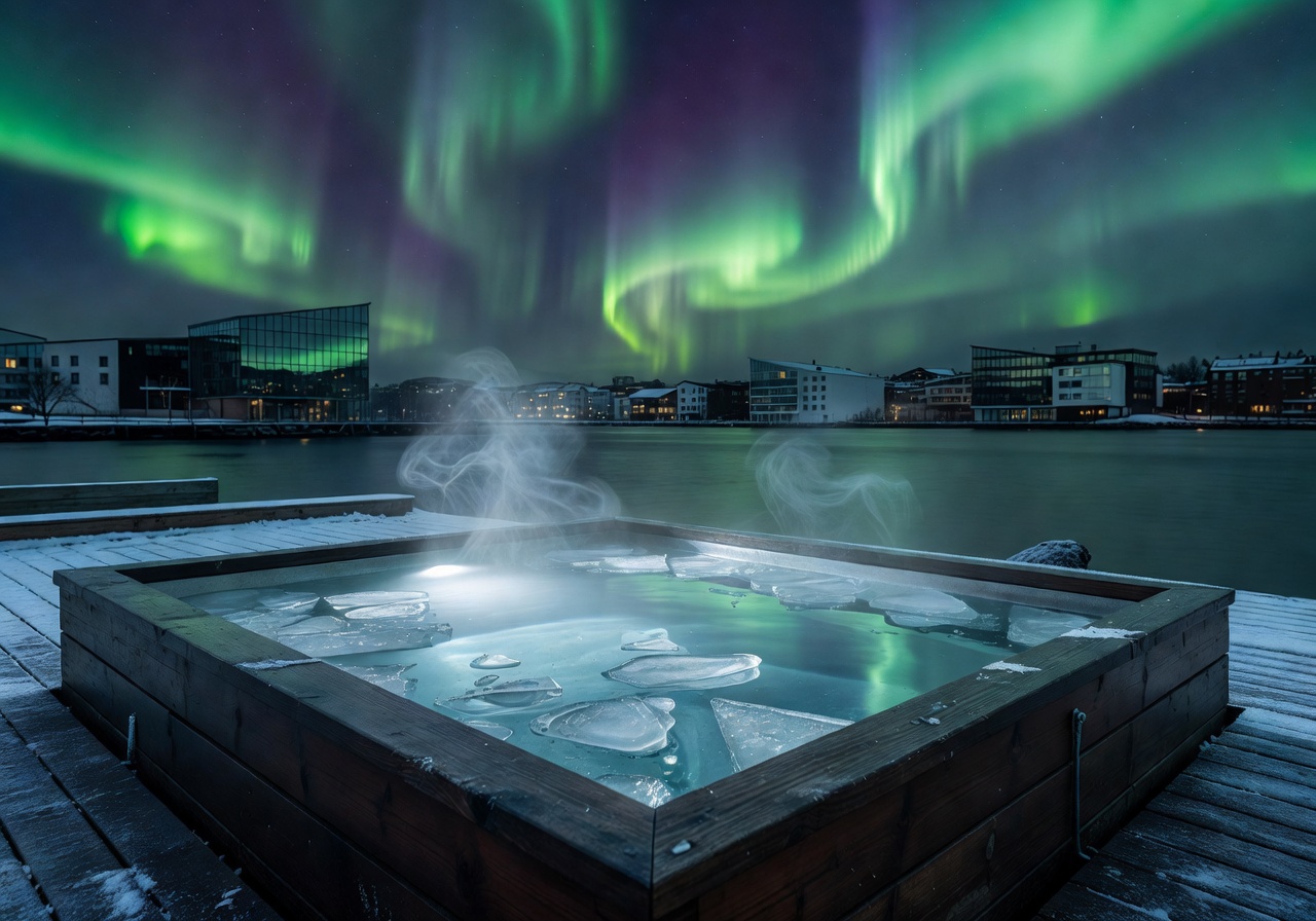 Aurora ice plunge pool with Nordic city view