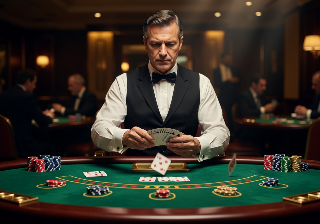 Blackjack dealer hands cards on premium gaming table