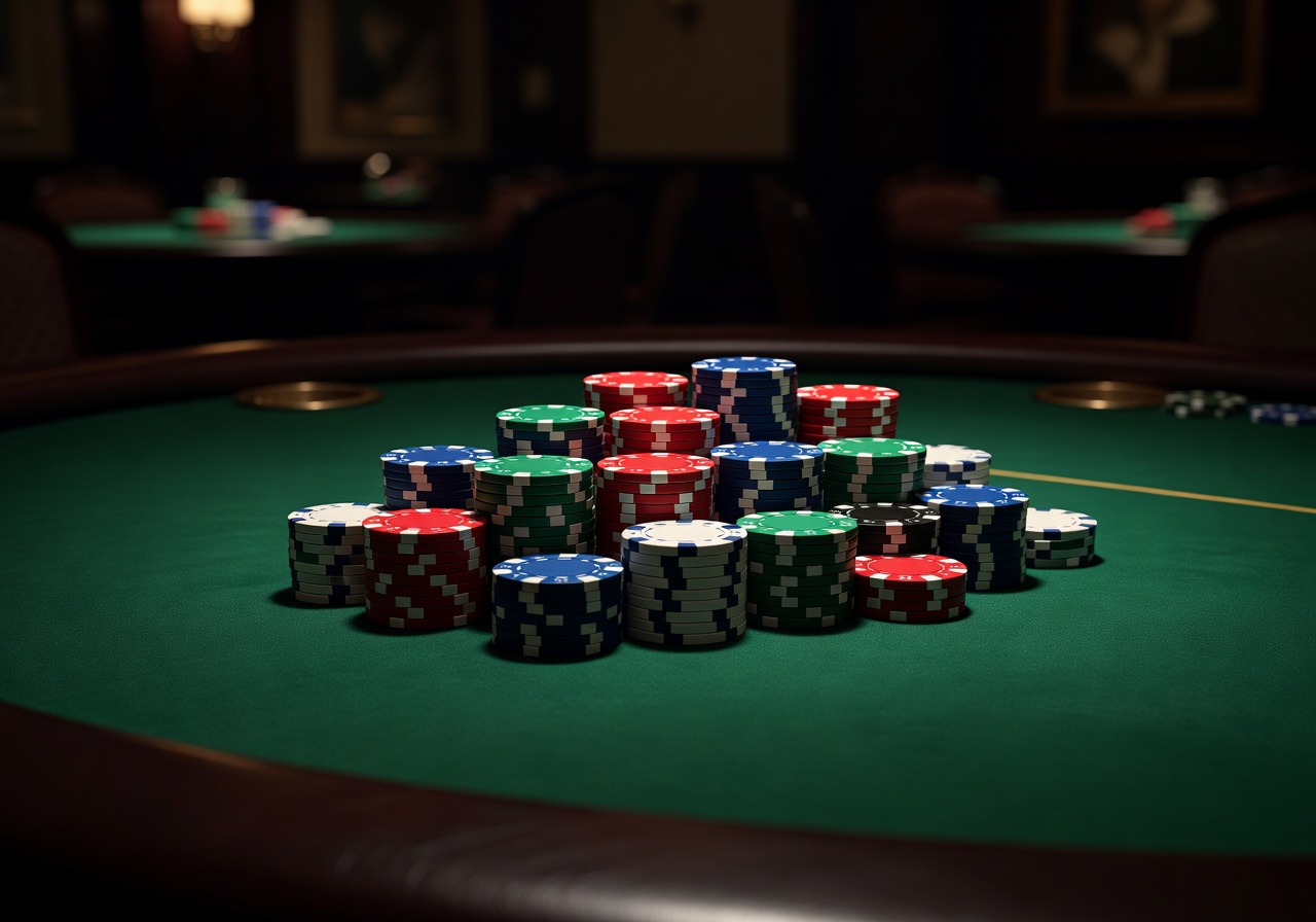 Casino chips stacked on green poker table