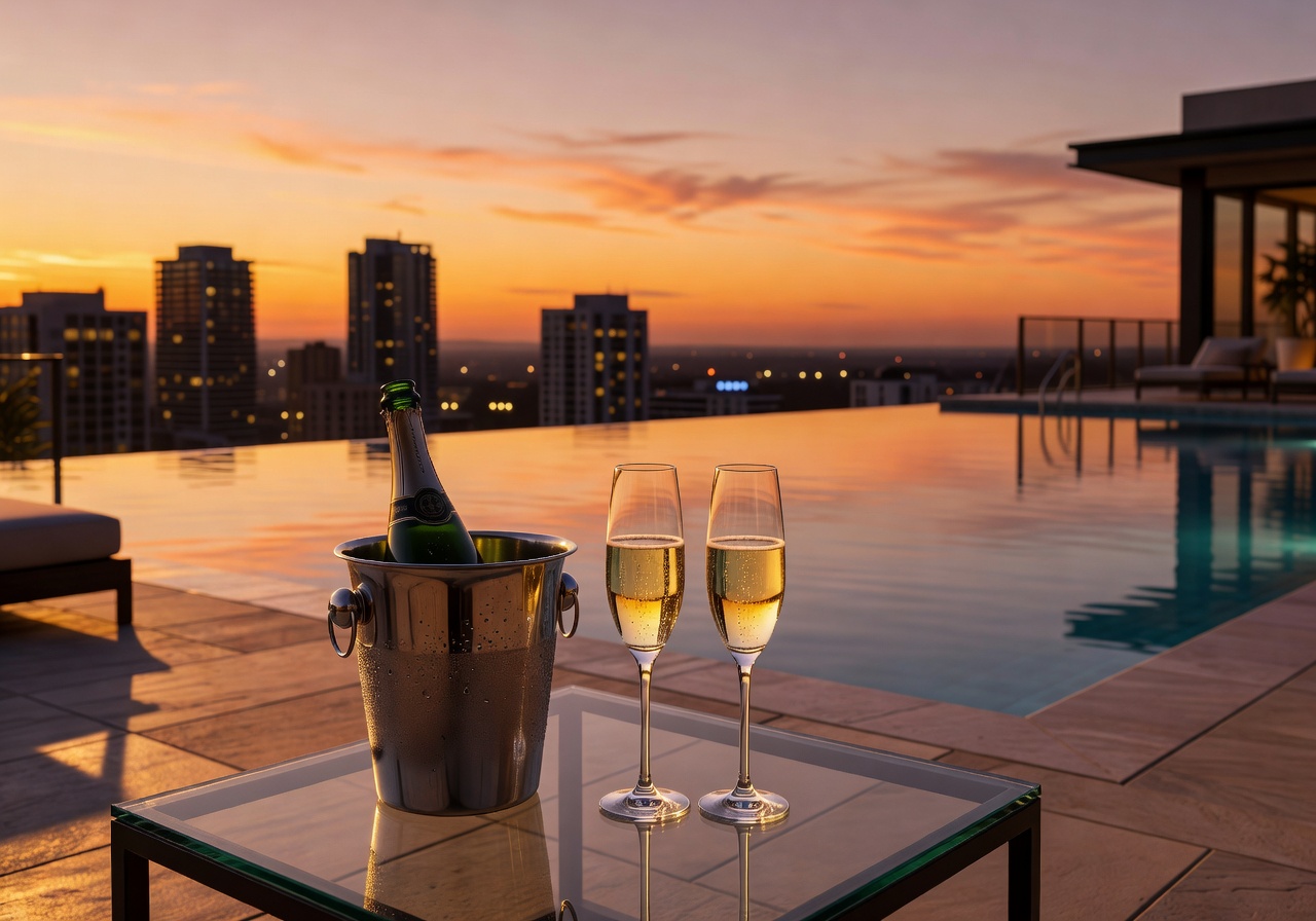 Champagne service by the rooftop pool at sunset