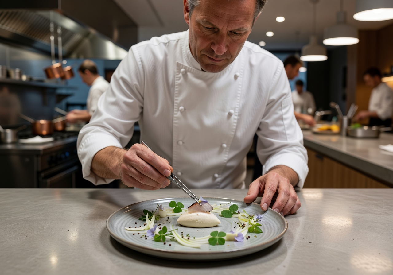 Chef plating Nordic dish at the chef's table counter