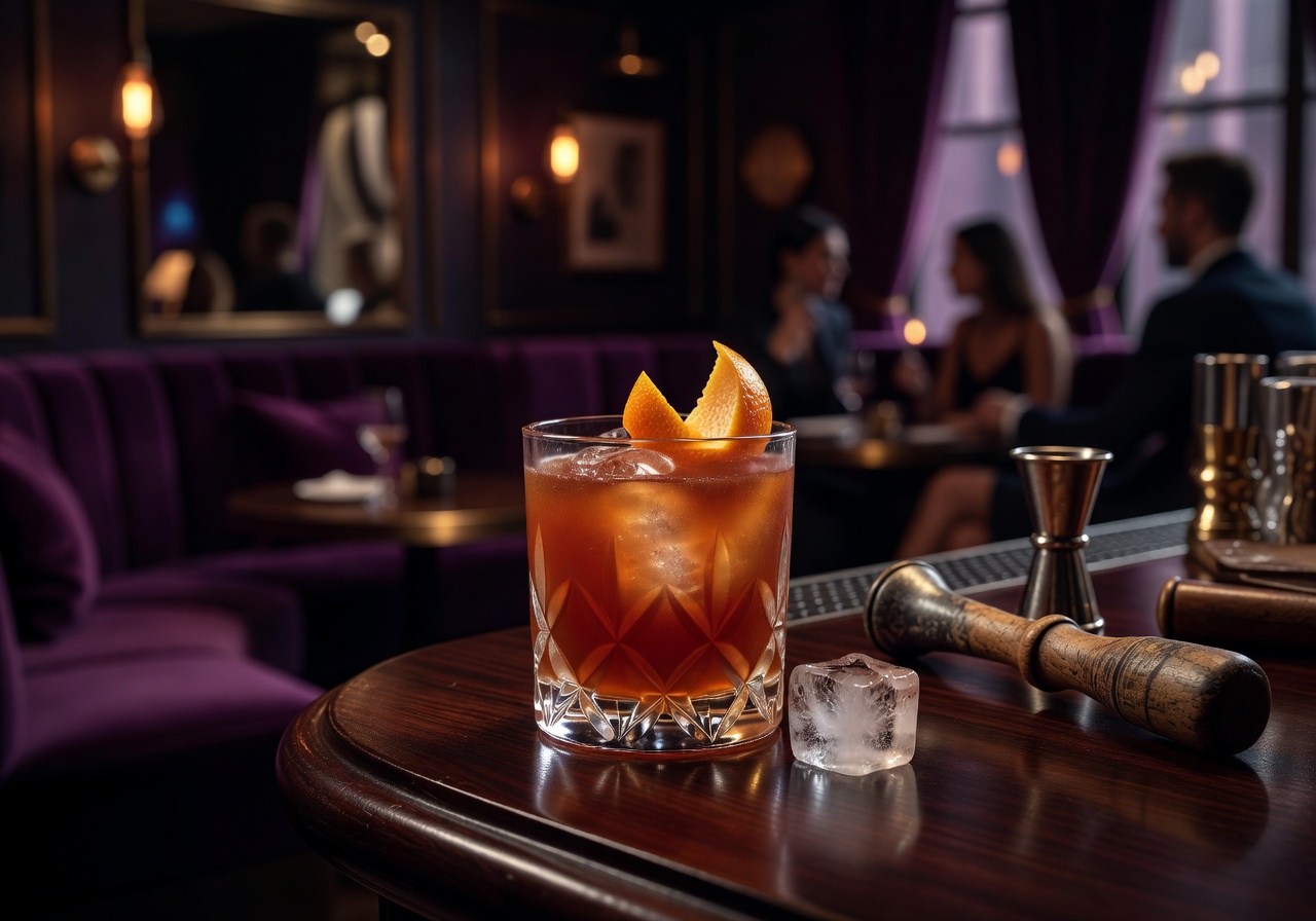 Crafted cocktail with citrus garnish at Violet Sky Lounge