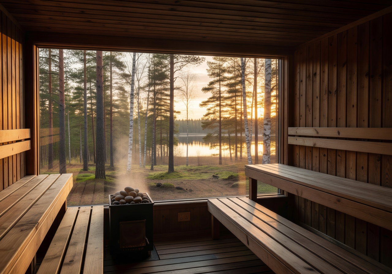 Authentic Finnish sauna with wood-fired stove and panoramic glass