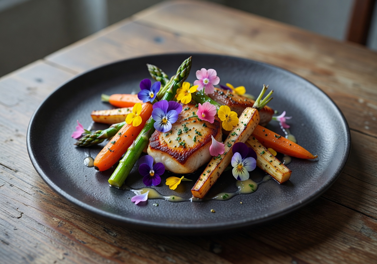Gourmet entrée with seasonal vegetables and edible flowers
