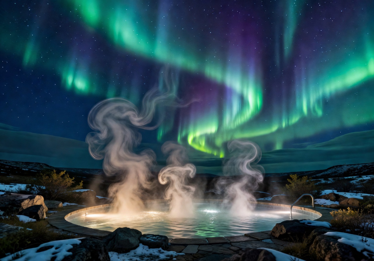Heated pool steam rising under aurora skies