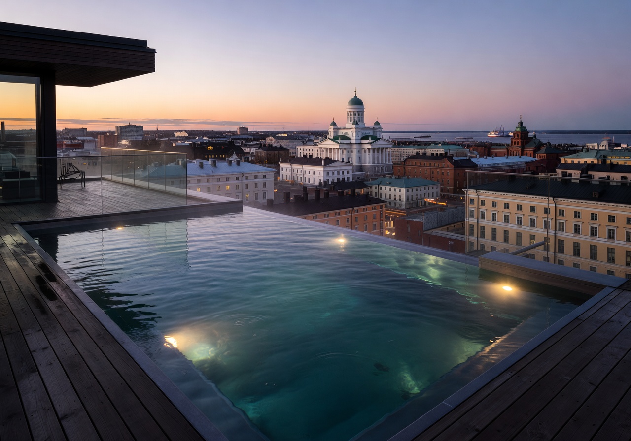 Heated rooftop infinity pool at twilight