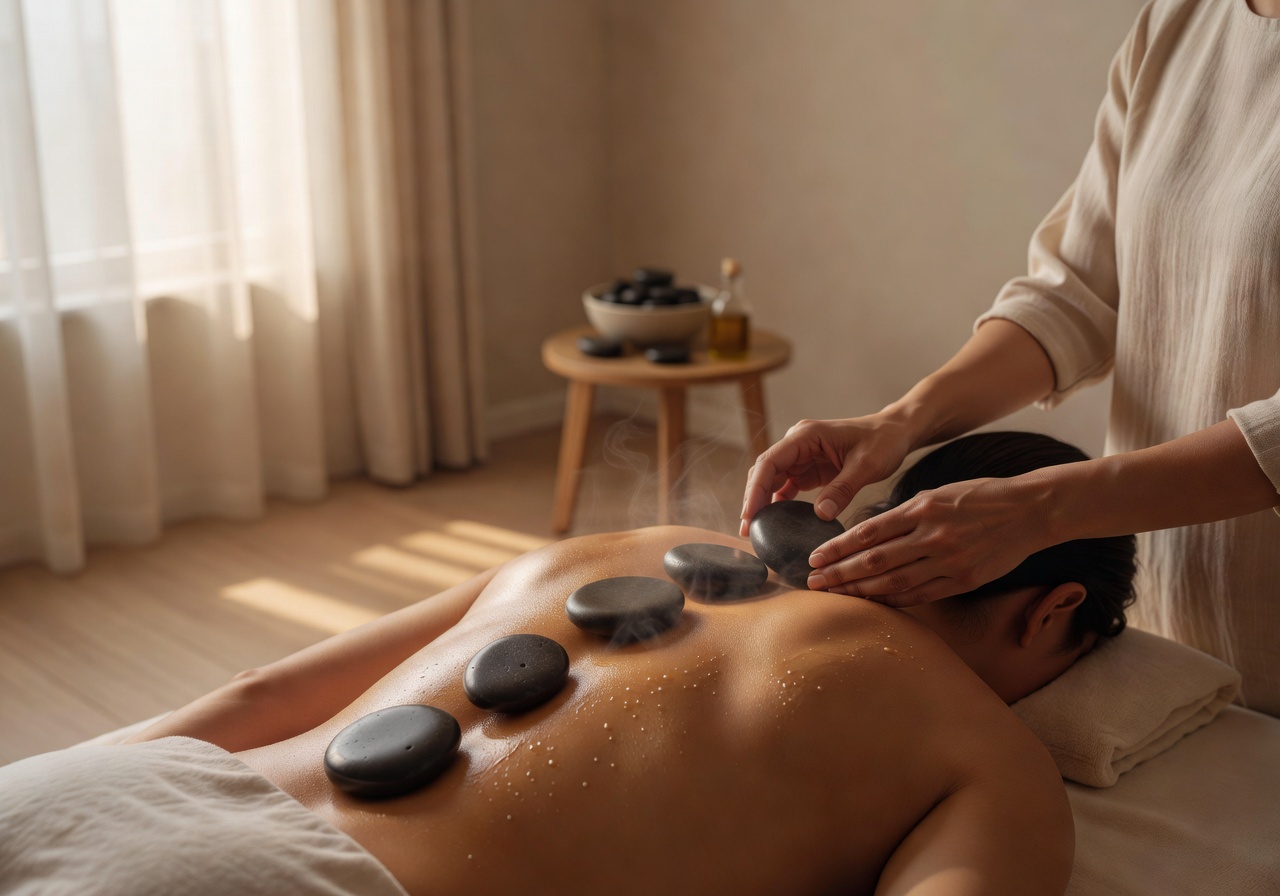 Hot stone massage therapy in tranquil treatment room