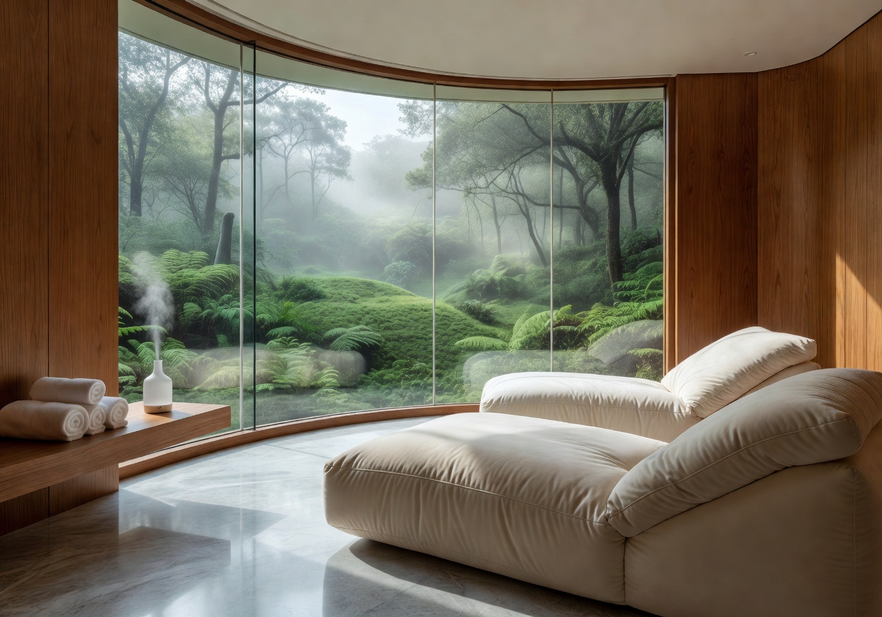 Luxury spa relaxation room with panoramic glass walls