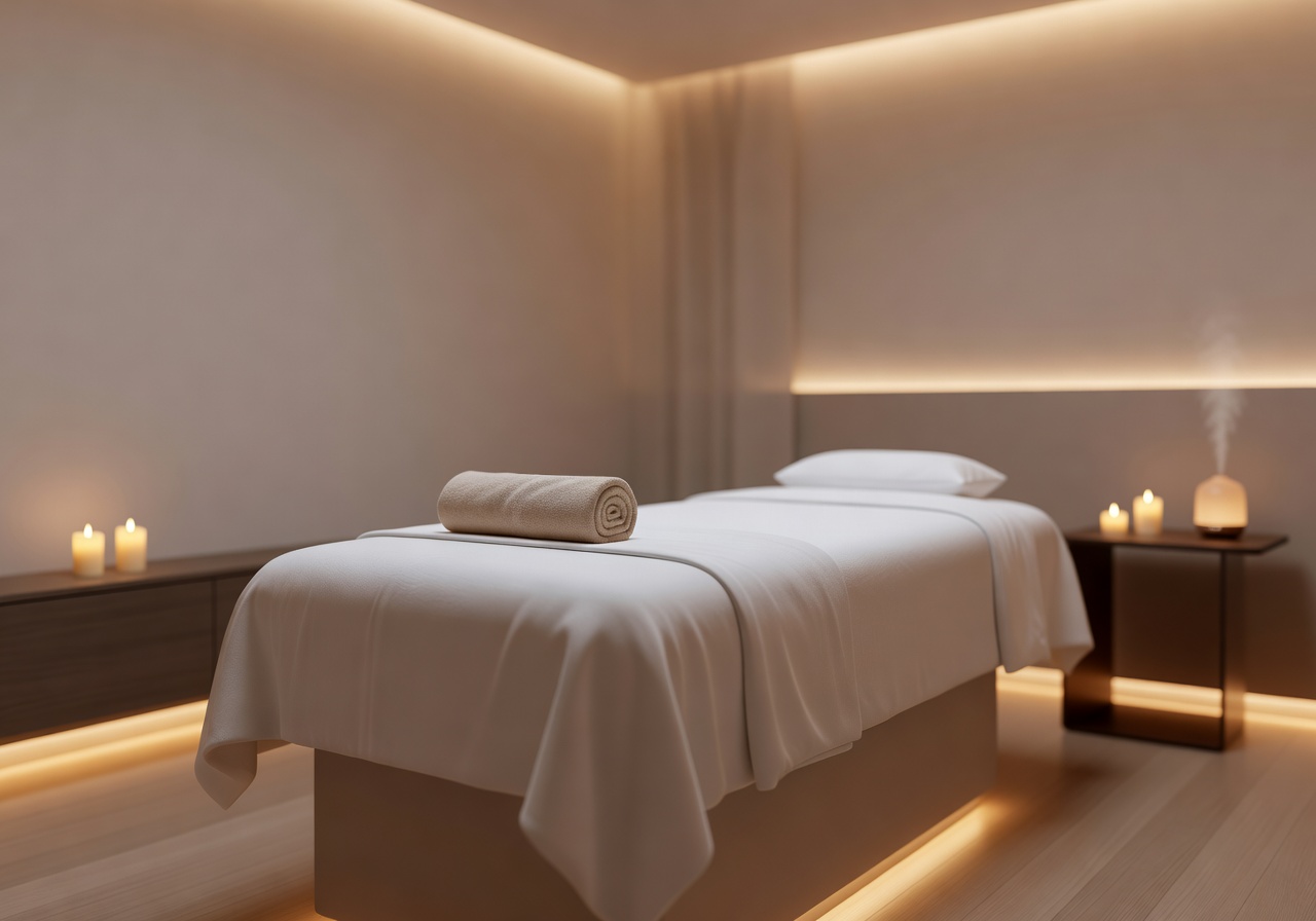 Massage suite with calming ambient lighting and treatment table