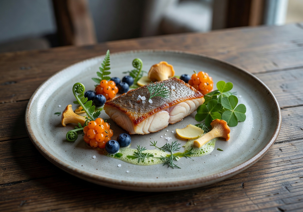Nordic tasting menu plate with foraged ingredients