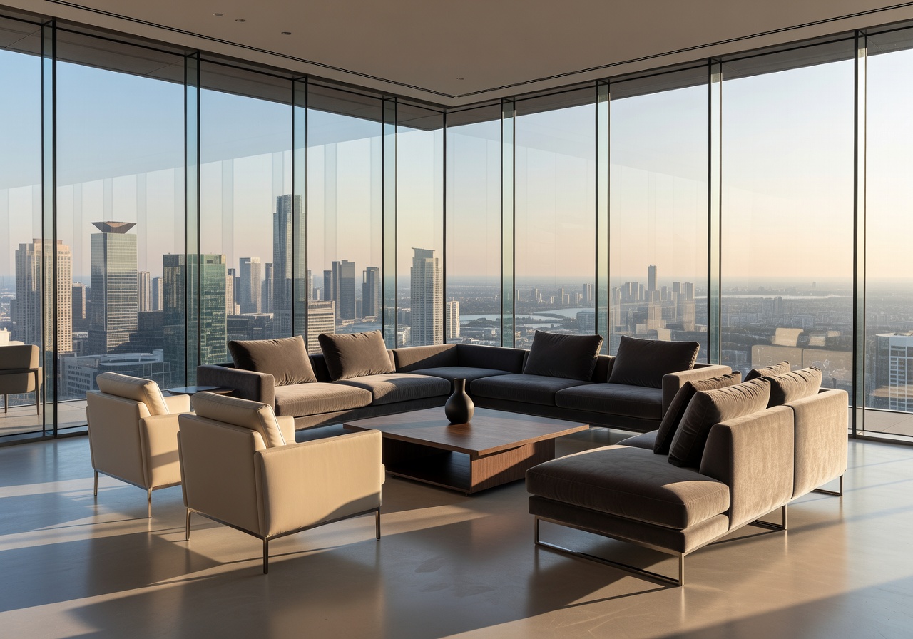 Panorama Executive Suite living lounge with wraparound glass walls
