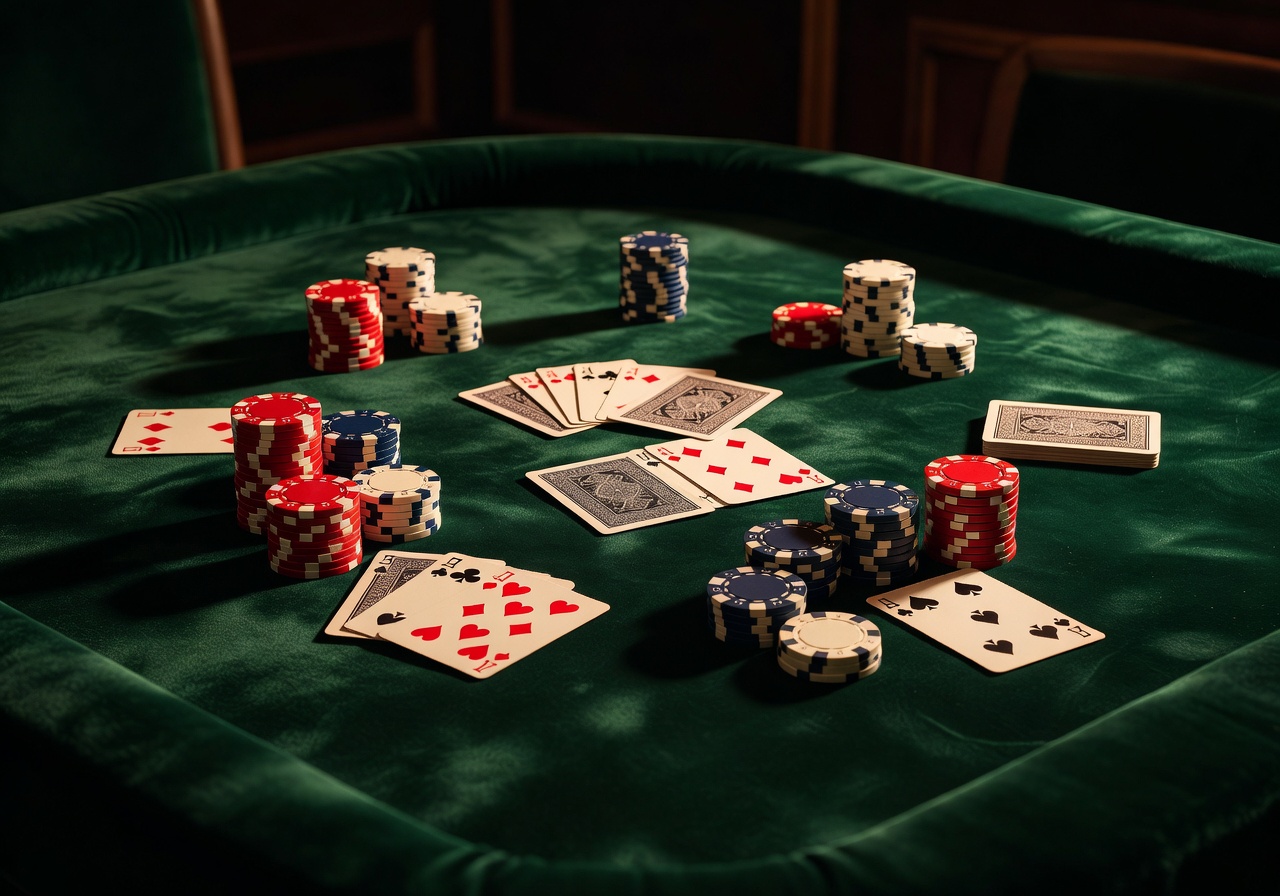 Poker chips and cards arranged on velvet table