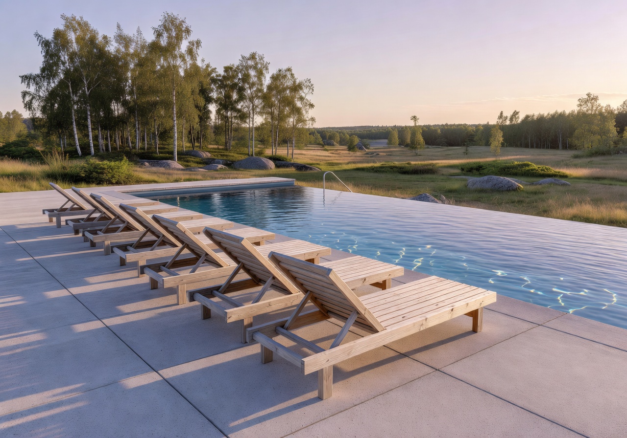 Pool deck loungers under Nordic sun