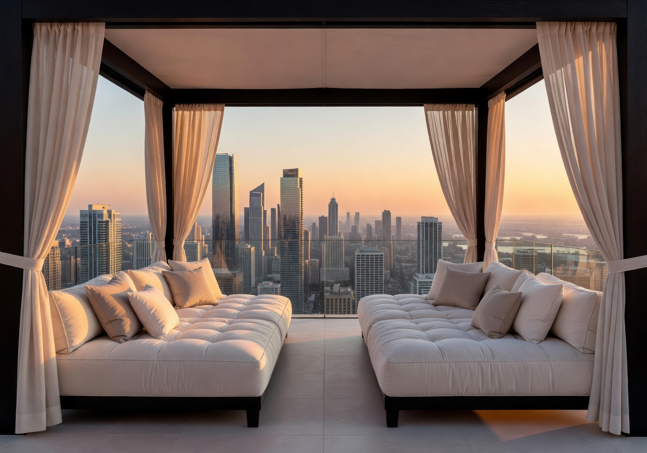 Private skyline cabana with plush daybeds