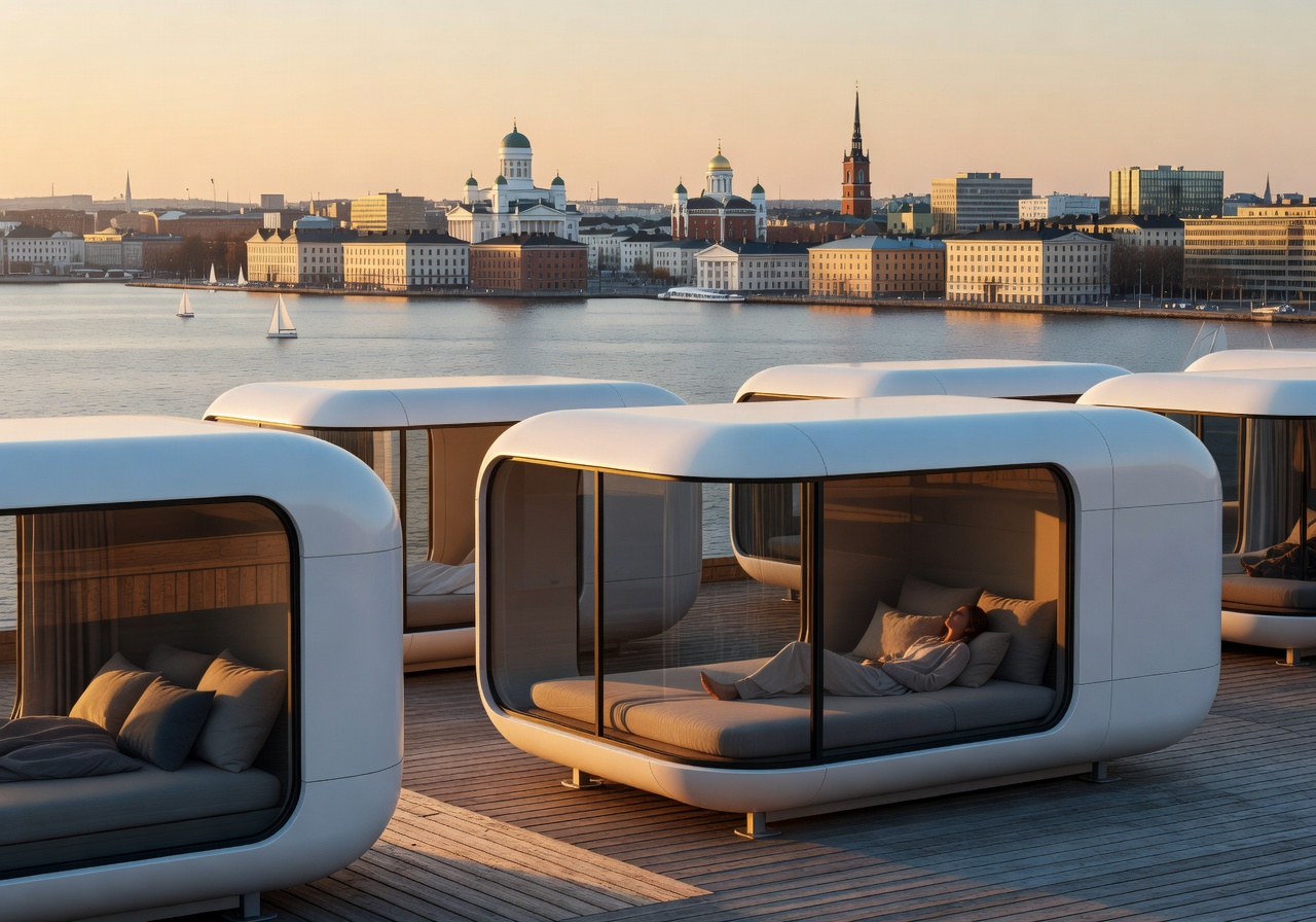 Relaxation pods overlooking Helsinki skyline
