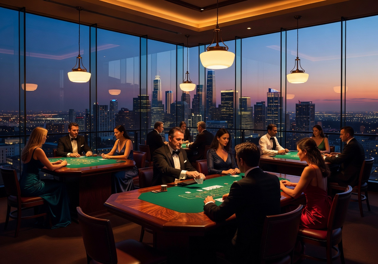 Rooftop casino lounge with elegant gaming tables and panoramic skyline view
