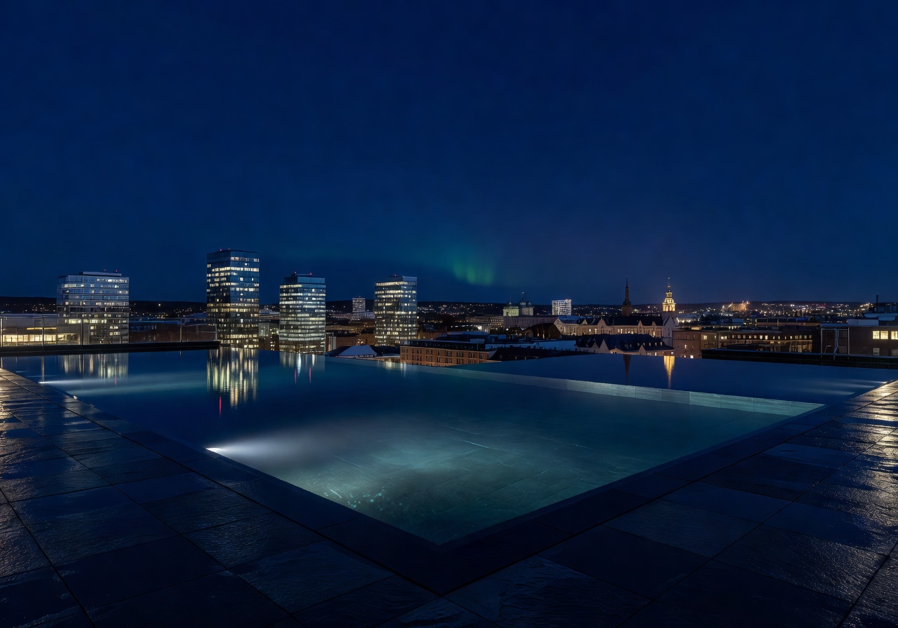 Rooftop infinity pool overlooking the Nordic city skyline at night