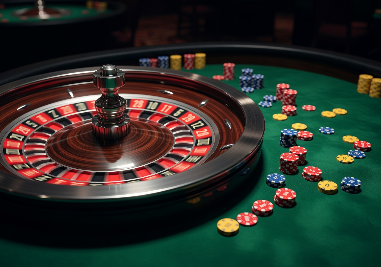 Roulette wheel spinning with chips on green felt