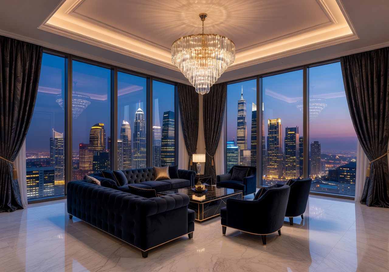 Royal Sky Suite penthouse with luxurious decor and skyline backdrop