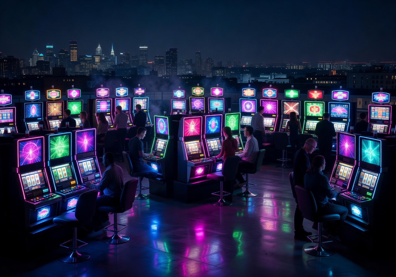 Slot machines glowing in the rooftop casino floor
