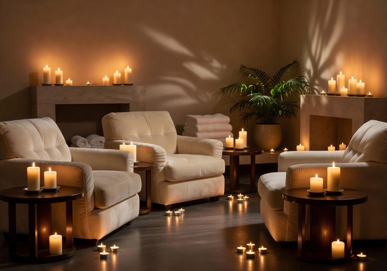 Spa relaxation lounge with candles and soft lighting