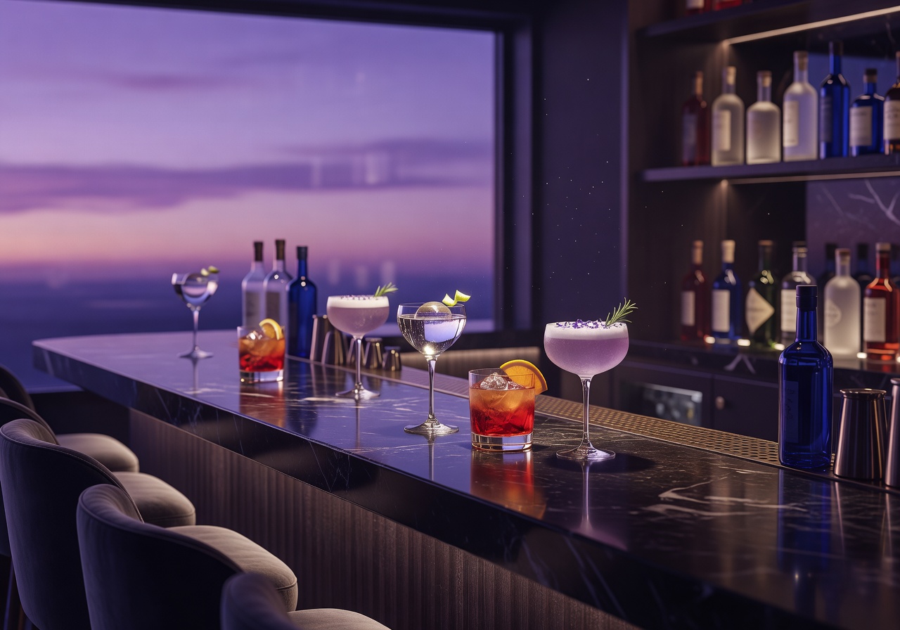 Violet Sky Lounge bar with signature cocktails under glass dome